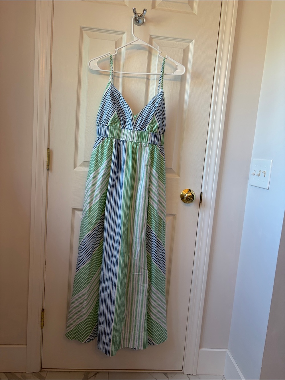Striped Green and Blue Maxi Sundress with Spaghetti Straps